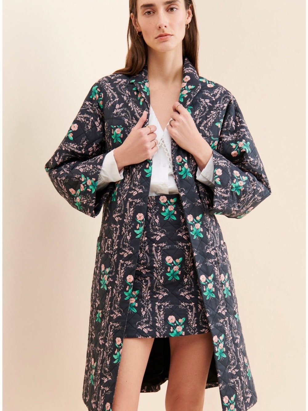 Rachel Antonoff Black Quilted Floral Robe Coat with Green & Pink Accents